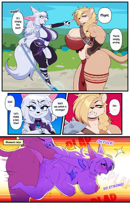 5_fingers abdominal_bulge accessory ambiguous_penetration anthro areola arm_pull armor belt big_breasts black_eyebrows blonde_hair blue_eyes blush bodily_fluids braided_hair breasts claws conjoined_speech_bubble crossed_arms dialogue duo eye_roll eyebrow_through_hair eyebrows fangs feet female female_penetrated finger_claws fingers from_behind_position fur furgonomics gesture gynomorph gynomorph/female gynomorph_penetrating gynomorph_penetrating_female hair hair_over_eye hand_gesture hand_on_hip inner_boob intersex intersex/female intersex_penetrating intersex_penetrating_female jewelry larger_gynomorph larger_intersex leg_tattoo muscular muscular_arms muscular_gynomorph muscular_intersex nipples open_mouth open_smile pauldron penetration penile penile_penetration plap_(sound) pointing pointing_at_another prison_guard_position profanity ring sabertooth_(anatomy) sex size_difference smaller_female smile speech_bubble spiked_pauldron spikes sweat tail tail_accessory tail_jewelry tail_ring tan_body tan_fur tattoo teeth text toes tongue tongue_out translucent translucent_hair white_body white_fur white_hair chromapan blizzard_entertainment warcraft lexi_joyhart vilanah_grimclaw canid felid mammal prehistoric_species saber-toothed_tiger werecanid werecreature worgen 2026 comic english_text hi_res