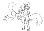 2017 all_fours anthro breast_lick breast_play breasts butt canid canine digital_drawing_(artwork) digital_media_(artwork) duo female fox hair licking mammal monochrome nipples nude simple_background sitting tail tongue tongue_out watsup white_background