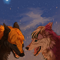 ambiguous_gender black_nose blue_eyes brown_body brown_fur duo fangs feral fur moon night open_mouth orange_body orange_fur outside red_body red_fur star tan_body tan_fur teeth text msdeadsoul canid canine mammal 1:1 2021 artist_name dated hi_res