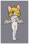 4_toes anthro bat_wings blonde_hair blue_eyes bodily_fluids border feet female flat_chested flying_sweatdrops fur fur_tuft genitals grey_background grey_body grey_fur grey_membrane grey_wings hair hair_over_eye membrane_(anatomy) membranous_wings neck_tuft nipples nude one_eye_obstructed open_mouth pussy simple_background solo standing sweat sweatdrop toes tongue tuft white_border wings young young_anthro shouk bat mammal hi_res