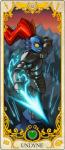 2015 anthro armor art_nouveau card card_template dogbomber ear_fins eye_patch eyewear fin fish fortune_telling hair holding_object holding_weapon justice_(tarot) major_arcana marine melee_weapon polearm ponytail pupils red_hair rock roman_numeral slit_pupils solo spear tarot tarot_card undertale undertale_(series) undyne weapon yellow_sclera
