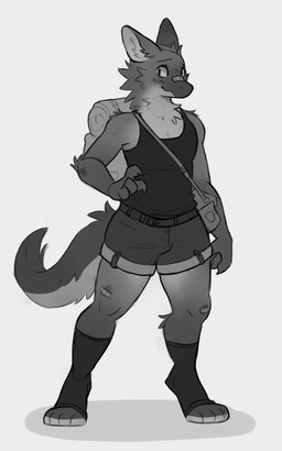 anthro backpack band-aid band-aid_on_face band-aid_on_nose bandage bandage_on_face bandage_on_nose bottomwear clothing digitigrade fur male shirt shorts simple_background solo standing tail tank_top topwear white_background retros mythology dragon furred_dragon furred_scalie mythological_creature mythological_scalie scalie hi_res monochrome