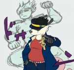 anthro chain chain_accessory clothing cosplay duo female gesture hand_gesture jacket jotaro's_hat male pointing text topwear yare_yare_daze unknown_artist jojo's_bizarre_adventure poppy_opossum jotaro_kujo american_opossum human mammal marsupial virginia_opossum crossover japanese_text meme