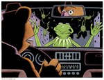 5_fingers anthro border brown_body brown_fur building car clothing driving electronics fingers fur green_body green_skin group hat headgear headwear inside_car male parody radio raining_characters rearview_mirror steering_wheel vehicle white_border bruce_mccorkindale magnolia_(film) muppets the_muppet_show fozzie_bear kermit_the_frog amphibian bear frog mammal muppet 2021 crossover hi_res signature