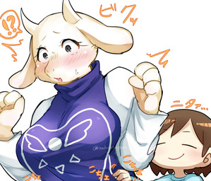 ambiguous_gender anthro big_breasts blush breasts brown_hair dialogue_box duo eyelashes eyes_closed female fur hair horn interrobang kemono long_ears open_mouth simple_background smile sound_effects speech_bubble text tickling white_body white_fur kinokoningen undertale undertale_(series) frisk_(undertale) toriel boss_monster_(undertale) bovid caprine human mammal hi_res japanese_text