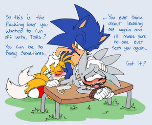 age_difference anal anal_orgasm anal_penetration anthro bdsm blush bound clothing dialogue dominant dominant_male ejaculation footwear gag gloves group hand_on_head hands-free hands_tied handwear insult male male/male open_mouth_gag orgasm penetration penile penile_penetration penis_in_ass pushing_head questionable_consent rough_sex sex shoes submissive submissive_male threatening trio young pachi_rizuu sega sonic_the_hedgehog_(series) miles_prower silver_the_hedgehog sonic_the_hedgehog canid canine eulipotyphlan fox hedgehog mammal