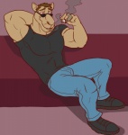 abs anthro biceps bottomwear clothing denim denim_bottomwear denim_clothing drugs eyewear jeans male marijuana mascot muscular muscular_anthro muscular_male pants pecs reclining shirt smoke smoking solo sunglasses topwear arody camel_(brand) joe_camel camel camelid mammal