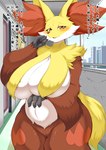 anthro big_breasts blush breast_curtains breasts digit_ring female fur huge_breasts infidelity inner_ear_fluff jewelry looking_at_viewer mature_anthro mature_female nude red_body ring smile solo text tuft wedding_ring yellow_body yellow_fur megane_inu nintendo pokemon canid canine delphox generation_6_pokemon mammal pokemon_(species) absurd_res hi_res japanese_text translated