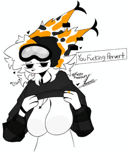 angry anthro beanie big_breasts breasts clothed clothing clothing_lift eyewear eyewear_on_head female flashing flashing_breasts goggles goggles_on_head hat headgear headwear looking_at_viewer piercing ring solo sweater sweater_lift text tongue tongue_out tongue_piercing topwear voidlyvessel emma_(katzevrywhere) calico_cat domestic_cat felid feline felis mammal absurd_res hi_res