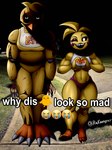 anthro blood bodily_fluids duo female heart_symbol looking_at_viewer machine sharp_teeth smile teeth wire e4hargus five_nights_at_freddy's five_nights_at_freddy's_2 scottgames why_dis_look_so_mad_(meme) toy_chica_(fnaf) withered_chica_(fnaf) animatronic avian bird chicken galliform gallus_(genus) phasianid robot absurd_res hi_res