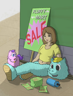 blue_eyes bottle brown_hair clothing collar container costume duo eyelashes female female_feral female_human feral flyer_(pamphlet) fur fursuit fursuit_head hair human_focus leaning_on_wall looking_at_another midriff navel open_mouth pamphlet paper pink_body pink_fur purple_hair purple_tail sitting standing tail tan_body tan_skin text tired topwear water_bottle yellow_clothing yellow_topwear young young_female young_feral carpdime fluffy_pony fluffy_pony_(species) human mammal digital_media_(artwork) english_text hi_res shaded story story_in_description