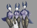 2_horns anthro areola belly big_breasts black_body black_legs black_skin breasts cloak clothing featureless_crotch featureless_hands female grey_cloak grey_clothing group horn looking_at_another nipples non-mammal_breasts non-mammal_nipples simple_background standing tail thick_thighs wardrobe_malfunction geckos_lover yairo hollow_knight team_cherry mantis_lord_(hollow_knight) the_knight_(hollow_knight) arthropod insect mantis vessel_(species) digital_media_(artwork) hi_res nonbinary_(lore)