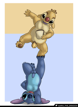 4_fingers 4_toes antennae_(anatomy) balls big_ears black_eyes blue_body blue_fur blue_nose bread brown_pawpads claws dipstick_antennae duo extended_arm extended_leg feet fingers flaccid fluffy food foreskin fur genitals handstand humanoid_genitalia humanoid_penis long_foreskin looking_at_viewer male male/male multicolored_antennae open_mouth open_smile pawpads paws penis pubes purple_tongue raised_leg red_nose red_tongue simple_background slightly_chubby smile toes tongue unretracted_foreskin upside_down yellow_body yellow_fur garo_(artist) disney lilo_and_stitch reuben_(lilo_and_stitch) stitch_(lilo_and_stitch) alien experiment_(lilo_and_stitch) absurd_res colored hi_res shaded