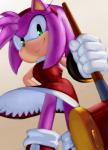 accessory anthro boots clothing dress female footwear fur gloves green_eyes hammer handwear headband holding_object holding_weapon piko_piko_hammer pink_body pink_fur red_clothing red_dress shoes simple_background smile solo tan_background thin_calves thin_legs thin_thighs tools weapon kalk427 sega sonic_the_hedgehog_(series) amy_rose eulipotyphlan hedgehog mammal hi_res