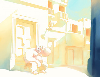 bottomwear brown_bottomwear brown_clothing brown_pants clothed clothing day humanoid_pointy_ears male nipples not_furry outside overweight overweight_humanoid overweight_male pants pink_body pink_nipples pink_skin pointy_ears sitting solo teeth topless chocolateandmilk humanoid imp 2015 dated signature