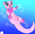 anus big_eyes blue_eyes blue_flower blush body_blush bubble clitoral_hood clitoris crystal feet female female_feral feral flower flower_on_head fur genitals heart_symbol logo membrane_(anatomy) open_mouth pawpads pink_body pink_fur pink_pawpads pink_paws plant pussy pussy_blush solo text toes water webbed_feet webbed_hands whitefroggim hasbro littlest_pet_shop lps_2039 mammal mustelid otter artist_logo artist_name hi_res