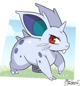 1_horn 2_toes ambiguous_gender blue_horn blue_inner_ear claws feet feral horn looking_away markings nude pupils purple_inner_ear purple_spots red_eyes solo spots spotted_body toe_claws toes white_claws miso_souperstar nintendo pokemon generation_1_pokemon nidoran nidoran♀ pokemon_(species) 2026 hi_res