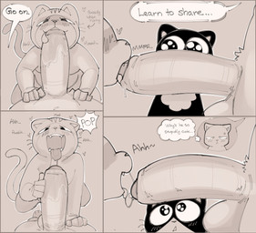 amazed anthro arrow_sign balls big_balls big_penis big_pupils blush blush_lines bodily_fluids close-up cross-popping_vein dialogue dilated_pupils fangs first_person_view foreskin fur genitals group half-closed_eyes hand_on_penis heart_symbol huge_penis kneeling kneeling_oral_position licking looking_at_another love male male/male narrowed_eyes oral penile penis penis_lick pupils saliva saliva_on_penis sex sharp_teeth side_view smile speech_bubble tail teeth text tongue tongue_out trio whiskers sushiamazing working_buddies! kuehiko_roshihara rufuta_hachitani tapio_chatarozawa domestic_cat felid feline felis mammal 2025 absurd_res comic digital_media_(artwork) english_text hi_res monochrome