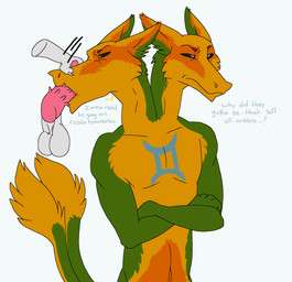 2_heads annoyed anthro athletic athletic_male balls crossed_arms fellatio genitals group male male/male multi_head multi_limb multi_tail multicolored_body muscular muscular_male oral penile penis sex tail text trio kibbleztheyeen gemini_the_sergal hi_res source_request unavailable_at_source