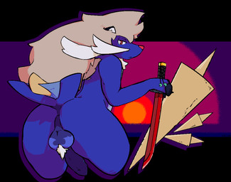 anthro anus backsack ball_tuft balls beaded_cord_end beads bent_over blue_body blue_skin butt countershade_torso countershading genitals hair holding_object holding_weapon long_hair looking_at_viewer looking_back magatama male melee_weapon penis polearm pubes red_eyes scar solo spear sunset sword tan_hair tuft weapon white_hair catjamn nintendo pokemon disvain_(samurott) generation_5_pokemon pokemon_(species) samurott 2022 aliasing digital_media_(artwork) hi_res