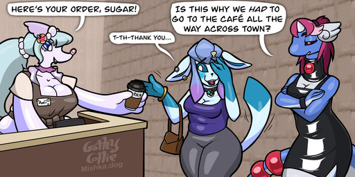 anthro apron beverage big_breasts bracelet breasts cafe clothing coffee collar ear_piercing embarrassed female gem gold_(metal) gold_bracelet gold_jewelry group industrial_piercing jewelry legless moon_ball name_tag pearl_(gem) piercing pokeball pokeball_collar snout text trio wearing_collar gothycollie nintendo pokemon alexandria_(gothycollie) amii_(gothycollie) rhea_(gothycollie) dragonair eeveelution generation_1_pokemon generation_4_pokemon generation_7_pokemon glaceon pokemon_(species) primarina english_text hi_res