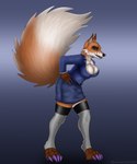 anthro bottomwear breasts business claws cleavage clothed clothing dress female fluffy legwear paws skirt solo stockings tail rahir canid canine fox mammal 5:6 digital_media_(artwork) hi_res