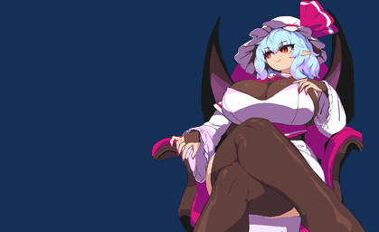armwear big_breasts blue_hair bonnet breasts bridal_gauntlets clothed clothing colored_nails corset crossed_legs female footwear hair headgear headwear high_heels huge_breasts humanoid_pointy_ears jabot legwear lingerie medium_length_hair membrane_(anatomy) membranous_wings mobcap nails pantyhose pink_nails pointy_ears pupils red_eyes shoes sitting slit_pupils smile solo thigh_highs topwear wings takorin touhou remilia_scarlet animal_humanoid bat bat_humanoid humanoid mammal mammal_humanoid vampire animated short_playtime