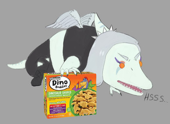 all_fours angry anthro blue_body bone_frill box claws clothed clothed_anthro clothed_female clothing collar container defensive dino_nugget feathered_wings feathers female finger_claws fingers food frill_(anatomy) grey_background grey_body grey_feathers grey_hair hair hissing humanoid_hands long_hair markings narrowed_eyebrows onomatopoeia open_mouth orange_eyes short_tail simple_background solo sound_effects spiked_collar spikes striped_markings stripes tail text wings nekomuro goodbye_volcano_high ko_op_(game_developer) fang_(gvh) prehistoric_species pterosaur reptile scalie colored english_text