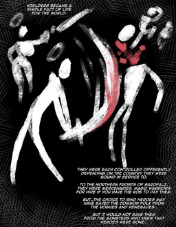 ambiguous_gender blood bodily_fluids cave_painting decapitation female fight group halo lore magic_user melee_weapon sword text weapon thevarking human mammal 2025 english_text hi_res restricted_palette story
