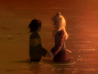 anthro blonde_hair bottomwear brown_hair clothing duo female hair hand_holding horn lake looking_at_another looking_at_partner male male/female pants petals skirt snowgrave sunset sweater tail topwear vmizery deltarune undertale_(series) kris_dreemurr noelle_holiday deer human mammal 2026 4:3 hi_res watermark