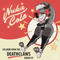 anthro belt big_butt bulge butt clothing collar crop_top drinking_straw eyebrow_piercing facial_piercing fangs femboy footwear furgonomic_piercing furgonomics happy horn horn_piercing latex latex_clothing latex_legwear latex_thigh_highs legwear male mohawk nuka-cola pawpads paws piercing scales shirt sipping smile solo tail teeth text thick_thighs thigh_highs toeless_footwear topwear torn_clothing wide_hips good4life4ever fallout microsoft gevaudan_(good4life4ever) english_text hi_res