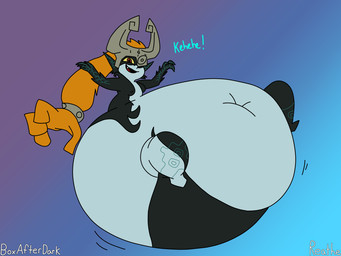 accessory belly big_belly big_butt black_body black_ears black_mouth black_skin blue_background blue_body blue_markings blue_skin breasts butt female floating fused_shadow grey_hairband grey_helmet hair hair_accessory hairband huge_belly huge_butt humanoid_pointy_ears hyper hyper_belly hyper_butt hyper_pear laugh markings monobutt morbidly_obese morbidly_obese_female morbidly_obese_humanoid motion_lines multicolored_body navel not_furry obese obese_female obese_humanoid open_mouth open_smile orange_hair overweight overweight_female overweight_humanoid pointy_ears prehensile_hair red_eyes red_tongue simple_background small_breasts smile snaggle_tooth solo text three-quarter_view tongue two_tone_body yellow_sclera boxafterdark reathe third-party_edit nintendo the_legend_of_zelda twilight_princess midna humanoid imp twili 2026 4:3 artist_name color_edit colored digital_media_(artwork) flat_colors hi_res