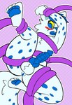 anthro blue blue_hair blue_penis blue_pupils blue_spots blush bound cremacat fur genitals hair hi_res highlights_(coloring) icy_waters_(character) knot male paws penile_spines penis pupils solo spots surprised_expression tentacles white_body white_fur yellow_sclera