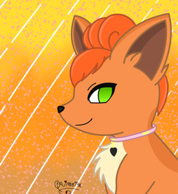 ambiguous_gender collar feral fur green_eyes orange_body orange_fur pink_collar solo anonymous_artist nintendo pokemon scarlet_the_vulpix generation_1_pokemon pokemon_(species) vulpix hi_res trans_(lore) trans_woman_(lore)