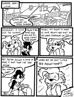 anthro breasts building cleavage clothed clothing dialogue duo embarrassed female female/female house relaxing text time_skip david_hopkins amanda_royale canid canine domestic_cat felid feline felis fox mammal comic english_text hi_res monochrome