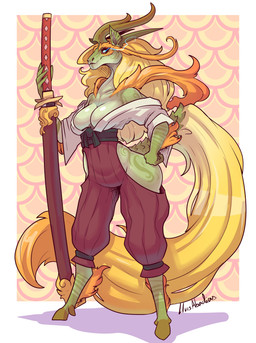 5_fingers anthro biped border breasts clothed clothed_anthro clothed_female clothing female fingers front_view hair hooves horn outside_border smile solo standing tail unguligrade white_border lluisabadias mythology dragon kirin mythological_creature mythological_scalie scalie 2026 absurd_res digital_drawing_(artwork) digital_media_(artwork) hi_res signature