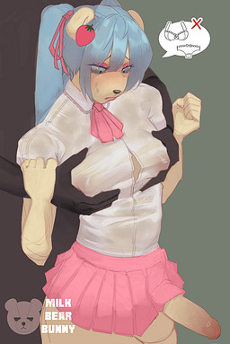 anthro balls blue_eyes blue_hair bodily_fluids bottomwear brown_body brown_fur clothed clothing crossdressing duo faceless_character femboy fur genitals green_background grope hair humanoid_genitalia humanoid_penis lips makeup male male/male nervous nervous_sweat nipples no_underwear pec_squeeze penis pouting pouting_lips pouty shirt simple_background size_difference skirt smaller_anthro smaller_male submissive submissive_anthro submissive_male sweat thick_bottom_lip topwear translucent translucent_clothing translucent_shirt translucent_topwear twintails_(hairstyle) milkbearbunny gigi_(milkbearbunny) bear mammal hi_res