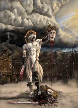 abs accessory angry armor balls bandage battle big_penis blood bodily_fluids death decapitation defiant duo_focus flaccid fortress genitals gore gore_focus group headband knight male melee_weapon mountain muscular nude pecs penis polearm severed_body_part severed_head shield spear storm sword warrior weapon yelling marsonaut canid canine canis human mammal wolf hi_res