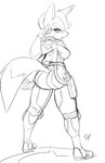 anthro big_butt butt butt_pose clothing crossgender female gesture gloves hand_gesture handwear jacket looking_back mtf_crossgender open_hand pointing pose short_sleeves simple_background solo tactical_gear teeth thick_thighs tight_clothing topwear fred_perry nintendo star_fox fox_mccloud canid canine fox mammal 9:14 absurd_res black_and_white full-length_portrait hi_res monochrome portrait