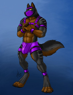 animal_mask anthro barbell_piercing black_nipples bottomwear brown_body brown_fur brown_tail bulge claws clothed clothing detailed_bulge finger_claws front_view fur grey_body grey_fur grey_tail harness industrial_ladder looking_at_viewer male male_anthro mask multiple_piercings muscular muscular_anthro muscular_male nipple_barbell nipple_piercing nipples orange_eyes piercing pup_mask purple_bottomwear purple_clothing purple_harness purple_underwear simple_background solo standing striped_legs striped_shoulders tail topless underwear wearing_mask hufnaar canid canine mammal 2019 absurd_res dated full-length_portrait hi_res portrait
