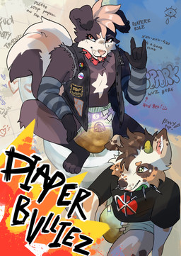 alternative_fashion anthro bathroom black_body black_fur bodily_fluids clothed clothing collar crouching cut_ear diaper diaper_tape duo ear_piercing ear_ring feces feces_bulge feces_stain floppy_ears fluffy fluffy_tail front_view fur genital_fluids graffiti graffiti_on_wall hair horn inner_ear_fluff lgbt_pride male multicolored_body multicolored_fur open_clothing open_topwear open_vest pantsless patch_(fabric) phone_number piercing poop_symbol pride_colors print_clothing print_shirt print_t-shirt print_topwear public_restroom punk rainbow_flag rainbow_pride_flag rainbow_symbol restroom_stall ring_piercing shirt soiled_diaper star_eyes t-shirt tail text tile tile_wall toilet topwear transgender_pride_colors tuft unclean_diaper urine urine_stain used_diaper vest wall_(structure) wearing_diaper wet_diaper white_body white_fur rexxypawz luvs rex_(lexxypawz) spark_(stinkerspark) australian_shepherd canid canine canis dinosaur domestic_dog herding_dog hybrid mammal mephitid pastoral_dog prehistoric_species reptile saurischian scalie sheepdog skunk theropod tyrannosaurid tyrannosauroid tyrannosaurus tyrannosaurus_rex english_text hi_res signature