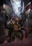 alley anthro city city_background city_lights city_wall cityscape cyberpunk delivery_(commerce) male science_fiction solo tentacles mynameiscomic african_wild_dog canid canine mammal absurd_res hi_res