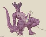 anthro big_breasts bodily_fluids breasts butt female genital_fluids genitals masturbation non-mammal_breasts nude pussy sex_toy simple_background solo vaginal_fluids vibrator wand_vibrator upai stella_(upai) dinosaur ornithischian pachycephalosaurid pachycephalosaurus prehistoric_species reptile scalie 5:4 hi_res