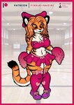 accessory anthro blush border bow_(feature) bow_accessory bow_ribbon breasts centered_hair_bow cheerleader cheerleader_outfit cleavage clothed clothing female hair hair_accessory hair_bow hair_ribbon pom_poms red_border ribbons solo f-thefirst felid mammal pantherine tiger