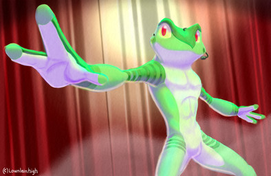 3_fingers abs anthro countershade_torso countershading curtains electronics featureless_crotch fingers fog headgear headphones headset headset_microphone male markings nude pecs pose red_eyes smile smiling_at_viewer spotlight yellow_sclera lownleinhigh wralf_airrick_rockhold amphibian frog tree_frog hi_res signature