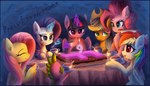 beverage button_prompt candle container cup female feral group horn lit_candle magic tea tea_cup text atlas-66 friendship_is_magic hasbro my_little_pony mythology applejack_(mlp) fluttershy_(mlp) mane_six_(mlp) pinkie_pie_(mlp) rainbow_dash_(mlp) rarity_(mlp) spike_(mlp) twilight_sparkle_(mlp) dragon equid equine mammal mythological_creature mythological_equine mythological_scalie scalie unicorn english_text hi_res