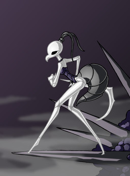 antennae_(anatomy) anthro arthropod_abdomen big_tail biped breasts digitigrade empty_eyes featureless_feet feet female fighting_pose holding_object holding_weapon huge_tail narrow_hips narrow_shoulders pose proboscis_(anatomy) segmented_body side_view slim_female small_breasts small_waist solo tail thick_tail weapon eidel-elias-weise hollow_knight_(franchise) team_cherry iselda_(hollow_knight) arthropod insect absurd_res digital_drawing_(artwork) digital_media_(artwork) hi_res