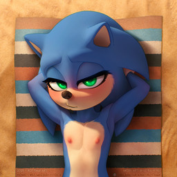 anthro beach beach_towel black_nose blue_body blush blushing_at_viewer coy detailed_background eyelashes femboy flirting_look front_view green_eyes half-closed_eyes hands_behind_head head_on_arm head_on_hands high-angle_view light looking_at_viewer looking_forward lust lying male male_anthro mouth_closed multicolored_body narrowed_eyes nipples nude nude_anthro nude_male nudist on_back outdoor_nudity outside pronounced_browridge public public_nudity relaxing sand seaside seductive shore shy solo summer sunbathing tan_body text towel two_tone_body two_tone_face viewed_from_above waiting kotyami sega sonic_the_hedgehog_(film) sonic_the_hedgehog_(series) sonic_the_hedgehog_2_(film) sonic_the_hedgehog eulipotyphlan hedgehog mammal 1:1 2025 artist_name colored detailed digital_media_(artwork) english_text half-length_portrait lighting portrait shaded soft_shading url