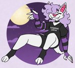 anthro arm_warmers armwear bottomwear choker clothing ear_piercing eyes_closed fangs femboy fur hair jewelry male moon necklace piercing purple_hair shirt shorts sky smile solo star starry_sky teeth text text_on_clothing text_on_shirt text_on_topwear topwear wave white_body white_fur nerdyreindeer bat mammal