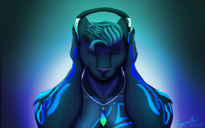 anthro blue_stripes claws crystal detail electronics eyes_closed front_view gradient_background hair headphones jewelry light male necklace short_hair simple_background solo stripes rhagpanther felid leopard mammal pantherine tiger bust_portrait digital_media_(artwork) hi_res portrait shaded signature